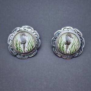 Vintage Mexican 925 Sterling Seahorse Reverse Painted Glass Intaglio Cufflinks